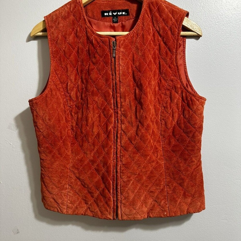 REVUE Women's Orange Leather Suede Quilted Vest Size 8